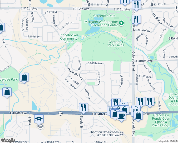 map of restaurants, bars, coffee shops, grocery stores, and more near 10711 Cook Street in Northglenn