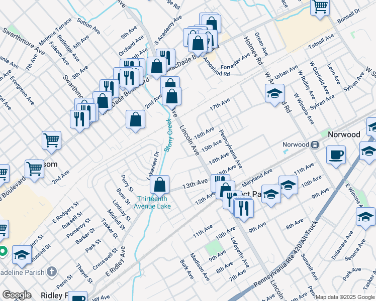 map of restaurants, bars, coffee shops, grocery stores, and more near 1511 Carlisle Avenue in Prospect Park