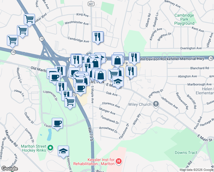 map of restaurants, bars, coffee shops, grocery stores, and more near 25 East Main Street in Evesham