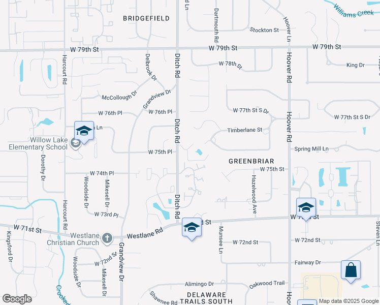 map of restaurants, bars, coffee shops, grocery stores, and more near 1311 75th Court in Indianapolis