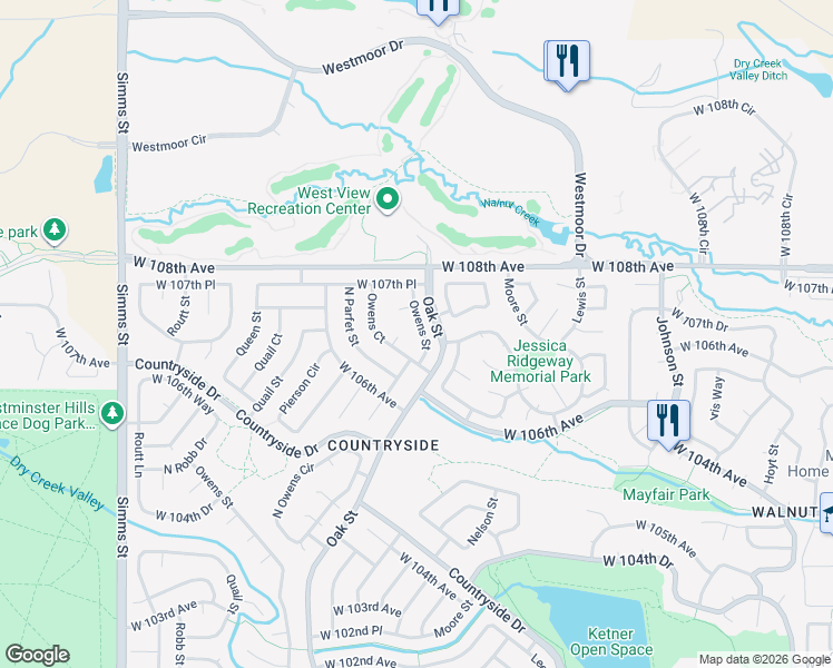 map of restaurants, bars, coffee shops, grocery stores, and more near 10713 Owens Street in Westminster