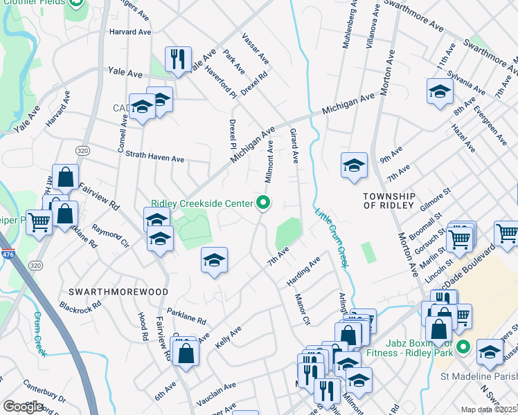 map of restaurants, bars, coffee shops, grocery stores, and more near 795 Milmont Avenue in Swarthmore