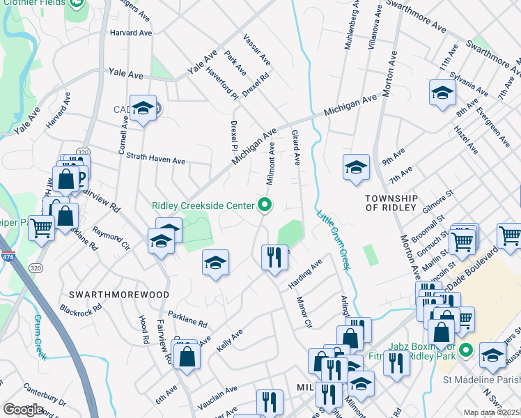 map of restaurants, bars, coffee shops, grocery stores, and more near 795 Milmont Avenue in Swarthmore