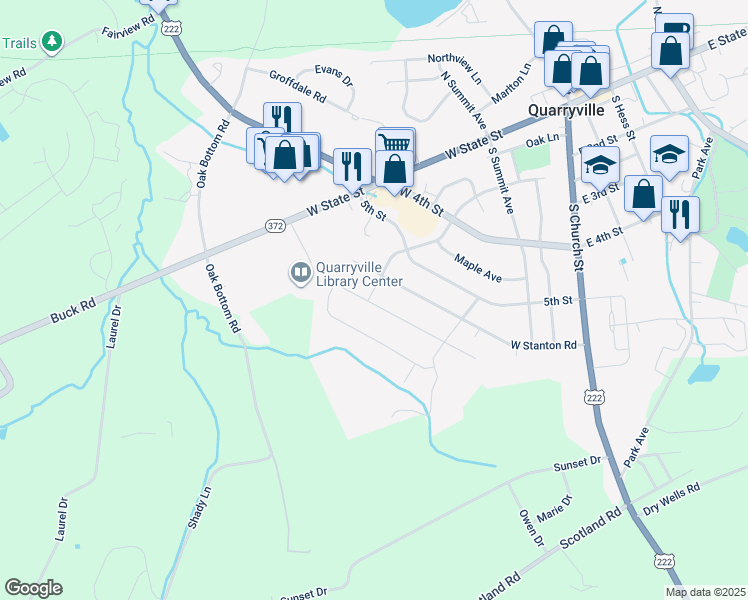 map of restaurants, bars, coffee shops, grocery stores, and more near 342 West Fritz Avenue in Quarryville