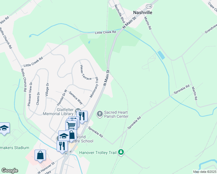 map of restaurants, bars, coffee shops, grocery stores, and more near 1825 Pennsylvania 116 in Spring Grove