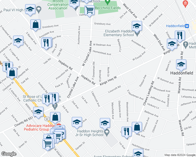 map of restaurants, bars, coffee shops, grocery stores, and more near 14 Birchall Drive in Haddonfield