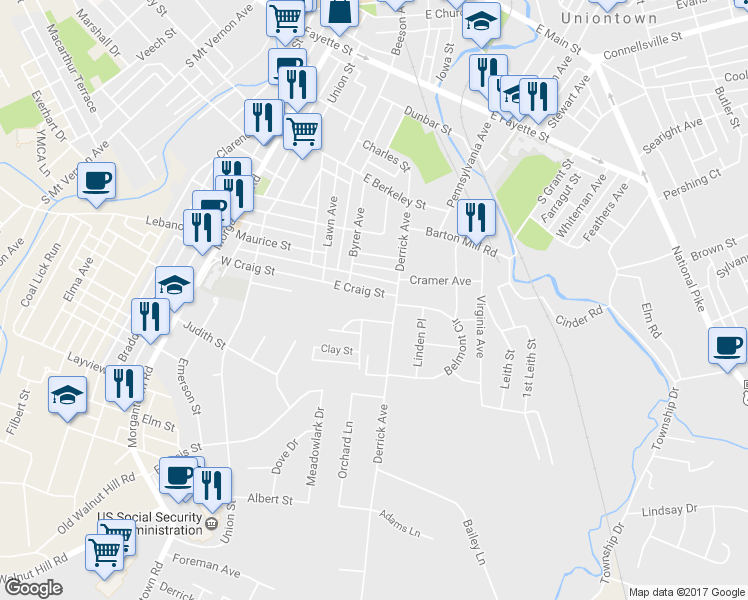 map of restaurants, bars, coffee shops, grocery stores, and more near 60 E Craig St in Uniontown