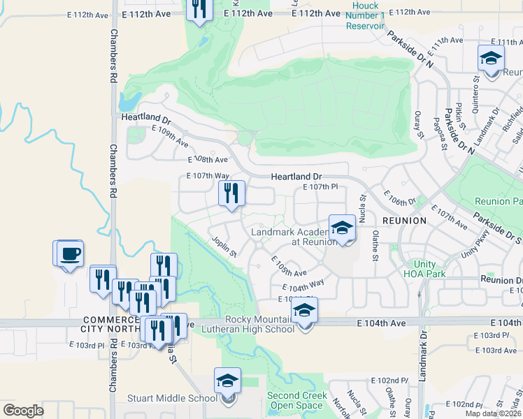map of restaurants, bars, coffee shops, grocery stores, and more near 16042 East 107th Avenue in Commerce City