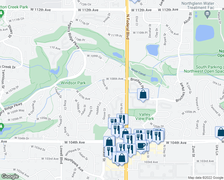 map of restaurants, bars, coffee shops, grocery stores, and more near 3023 West 107th Place in Westminster