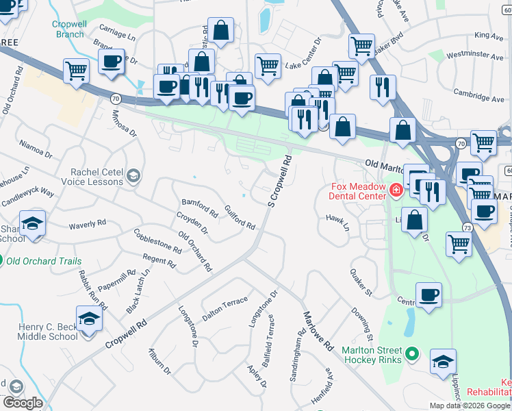 map of restaurants, bars, coffee shops, grocery stores, and more near 314 Hawthorne Street in Evesham