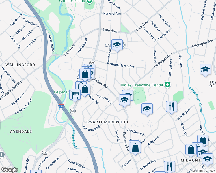 map of restaurants, bars, coffee shops, grocery stores, and more near 525 Fairview Road in Swarthmore