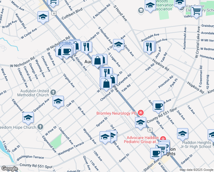 map of restaurants, bars, coffee shops, grocery stores, and more near 14 West Pine Street in Audubon