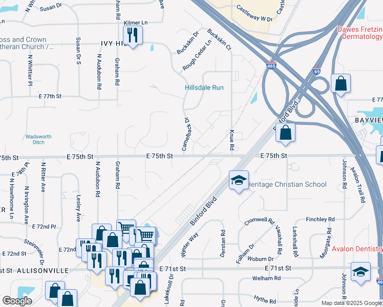 map of restaurants, bars, coffee shops, grocery stores, and more near 6022 East 75th Street in Indianapolis