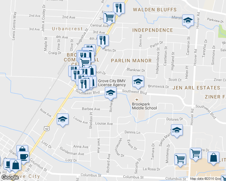 map of restaurants, bars, coffee shops, grocery stores, and more near Southwest Blvd & Richard Ave in Grove City
