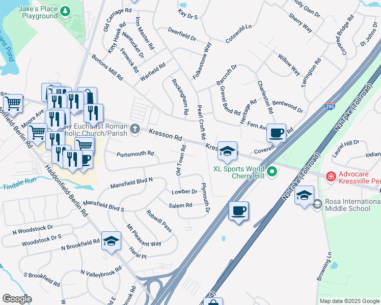 map of restaurants, bars, coffee shops, grocery stores, and more near 403 Old Town Circle East in Cherry Hill