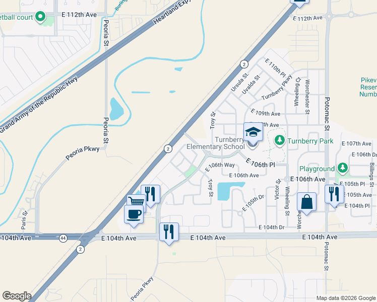 map of restaurants, bars, coffee shops, grocery stores, and more near 12442 East 106th Place in Commerce City