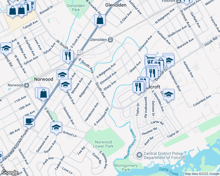 map of restaurants, bars, coffee shops, grocery stores, and more near 605 Sharp Avenue in Glenolden