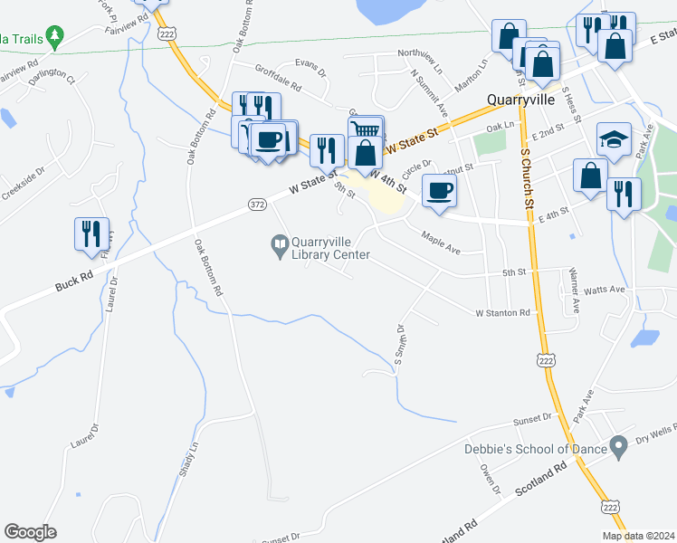 map of restaurants, bars, coffee shops, grocery stores, and more near 409 West Fritz Avenue in Quarryville