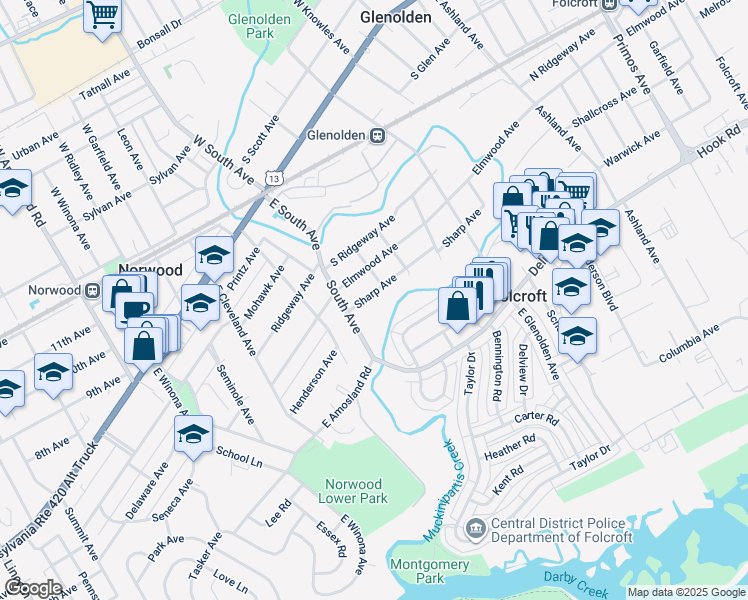 map of restaurants, bars, coffee shops, grocery stores, and more near 605 Sharp Avenue in Glenolden