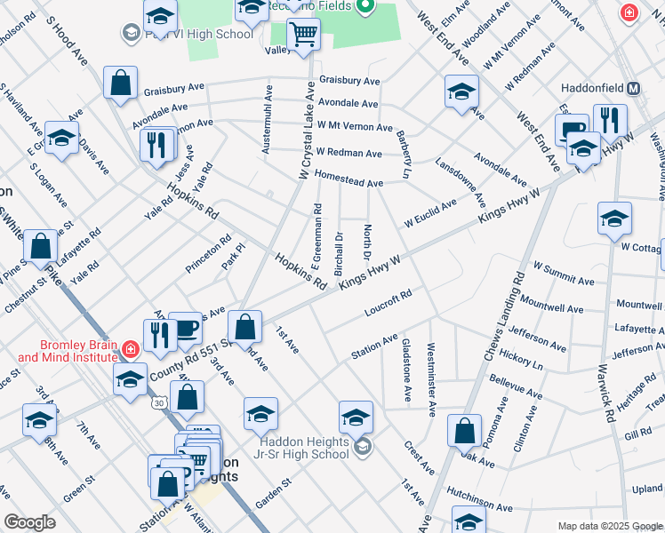 map of restaurants, bars, coffee shops, grocery stores, and more near 14 Birchall Drive in Haddonfield