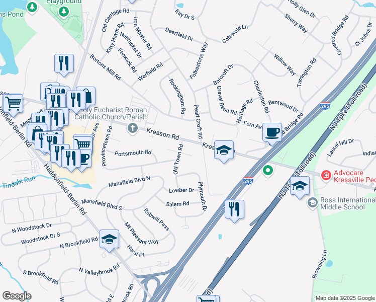 map of restaurants, bars, coffee shops, grocery stores, and more near 403 Old Town Circle East in Cherry Hill