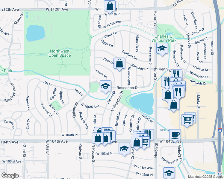 map of restaurants, bars, coffee shops, grocery stores, and more near 10683 Brewer Drive in Northglenn