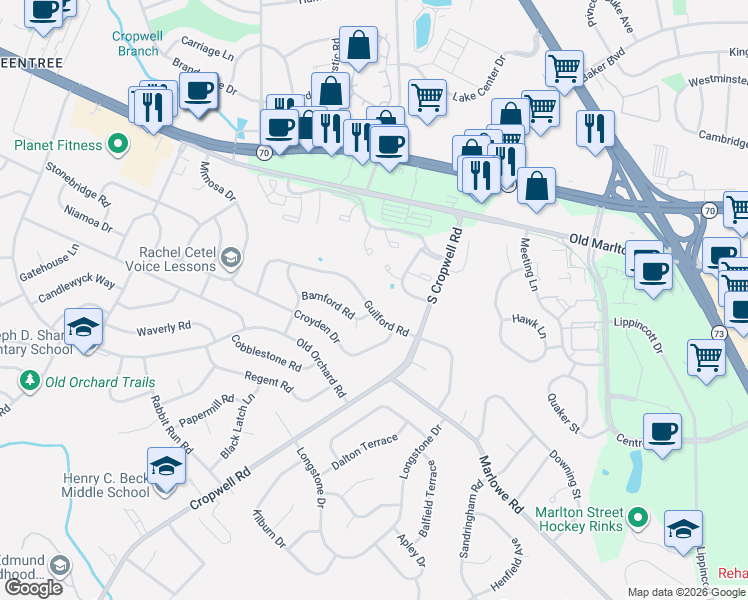 map of restaurants, bars, coffee shops, grocery stores, and more near 645 Guilford Road in Cherry Hill