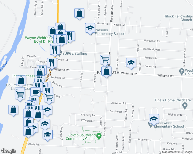 map of restaurants, bars, coffee shops, grocery stores, and more near 3476 South 8th Street in Columbus