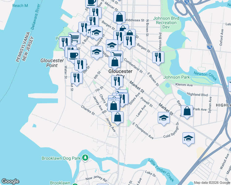 map of restaurants, bars, coffee shops, grocery stores, and more near 741 Division Street in Gloucester City