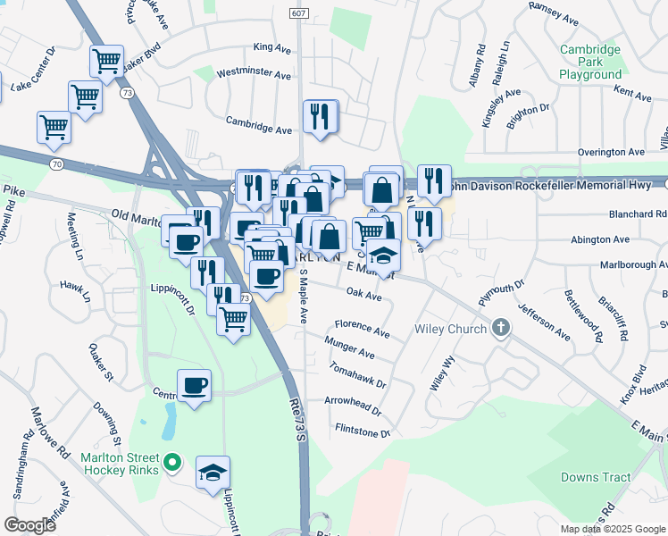 map of restaurants, bars, coffee shops, grocery stores, and more near 25 East Main Street in Evesham