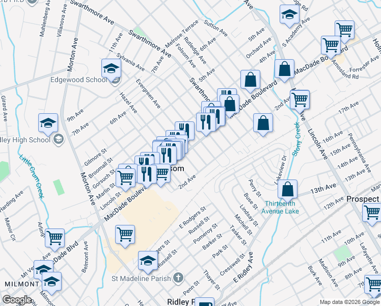 map of restaurants, bars, coffee shops, grocery stores, and more near 701 MacDade Boulevard in Folsom