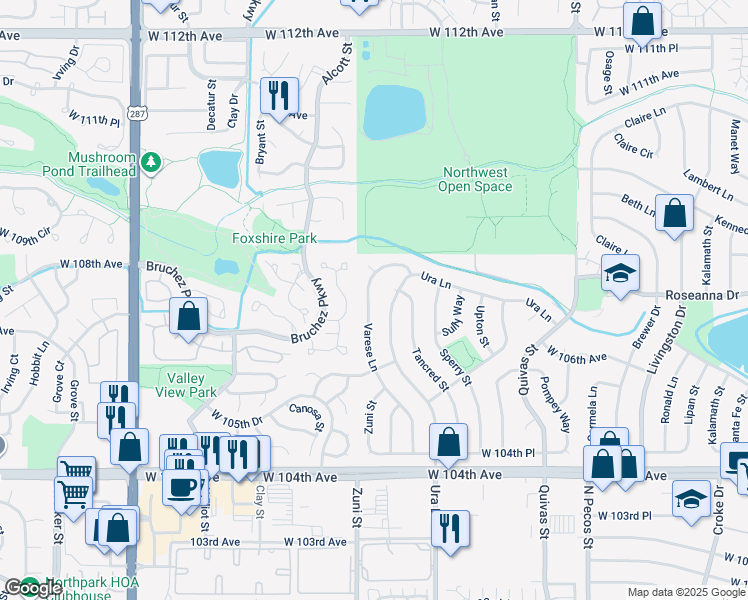 map of restaurants, bars, coffee shops, grocery stores, and more near 10718 Varese Lane in Northglenn
