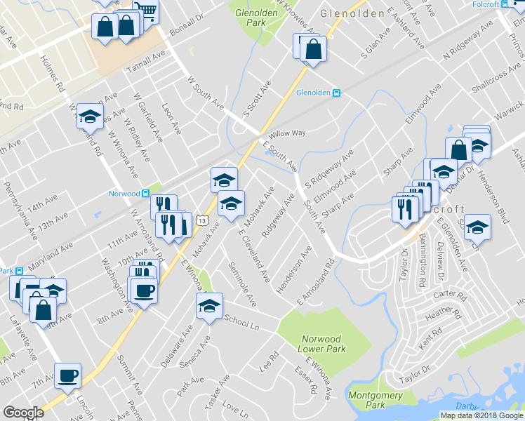 map of restaurants, bars, coffee shops, grocery stores, and more near 128 Mohawk Avenue in Norwood