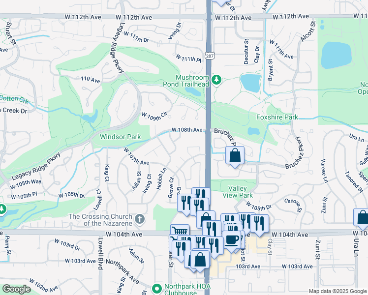 map of restaurants, bars, coffee shops, grocery stores, and more near 3023 West 107th Place in Westminster