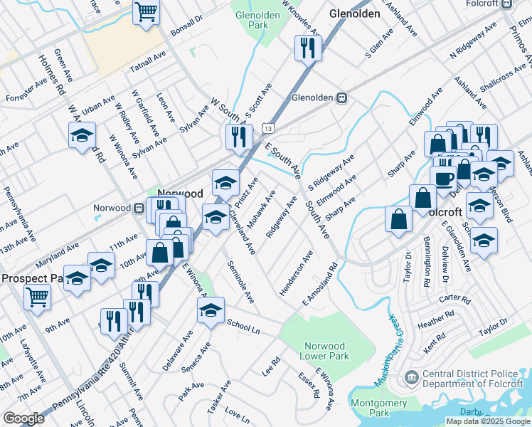 map of restaurants, bars, coffee shops, grocery stores, and more near 128 Mohawk Avenue in Norwood