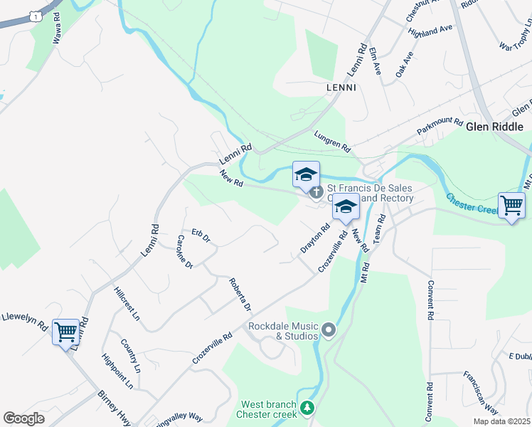 map of restaurants, bars, coffee shops, grocery stores, and more near 1685 Erb Drive in Aston