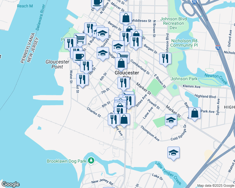 map of restaurants, bars, coffee shops, grocery stores, and more near 741 Division Street in Gloucester City