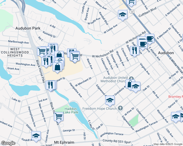 map of restaurants, bars, coffee shops, grocery stores, and more near 44 Ward Avenue in Audubon