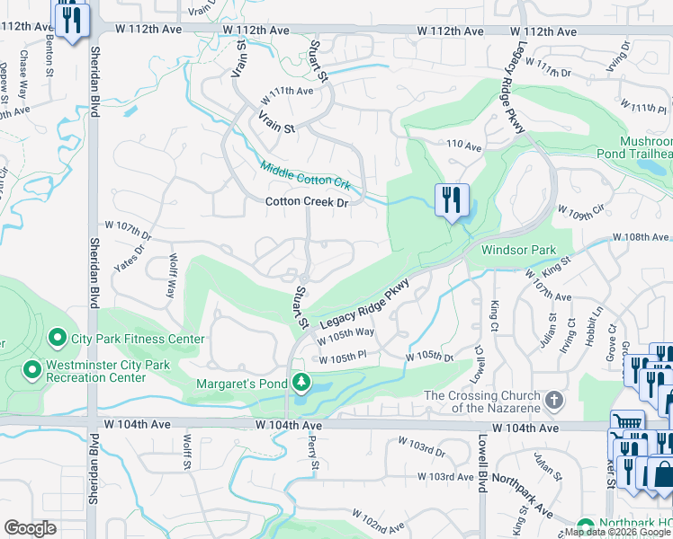 map of restaurants, bars, coffee shops, grocery stores, and more near Legacy Ridge Parkway in Westminster