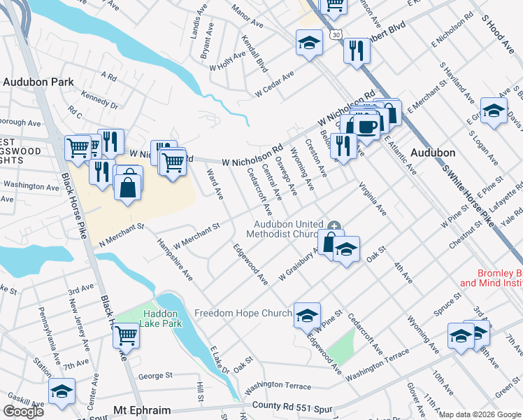 map of restaurants, bars, coffee shops, grocery stores, and more near 406 West Merchant Street in Audubon