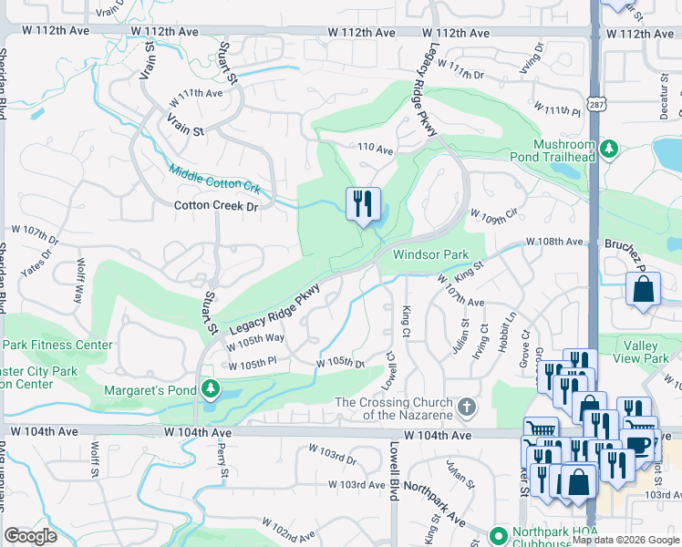 map of restaurants, bars, coffee shops, grocery stores, and more near Legacy Ridge Parkway in Westminster