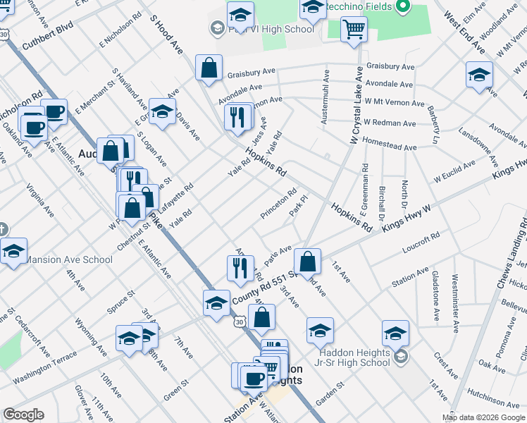 map of restaurants, bars, coffee shops, grocery stores, and more near 171 Princeton Road in Audubon