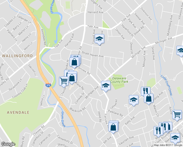 map of restaurants, bars, coffee shops, grocery stores, and more near 525 Fairview Road in Swarthmore