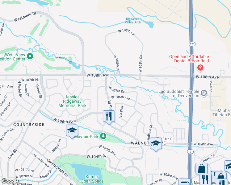 map of restaurants, bars, coffee shops, grocery stores, and more near 9748 West 107th Drive in Westminster