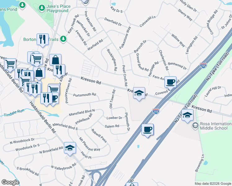 map of restaurants, bars, coffee shops, grocery stores, and more near 5 Old Town Road in Cherry Hill