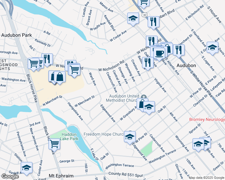 map of restaurants, bars, coffee shops, grocery stores, and more near 111 Cedarcroft Avenue in Audubon