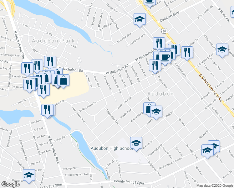 map of restaurants, bars, coffee shops, grocery stores, and more near 61 Payson Avenue in Audubon