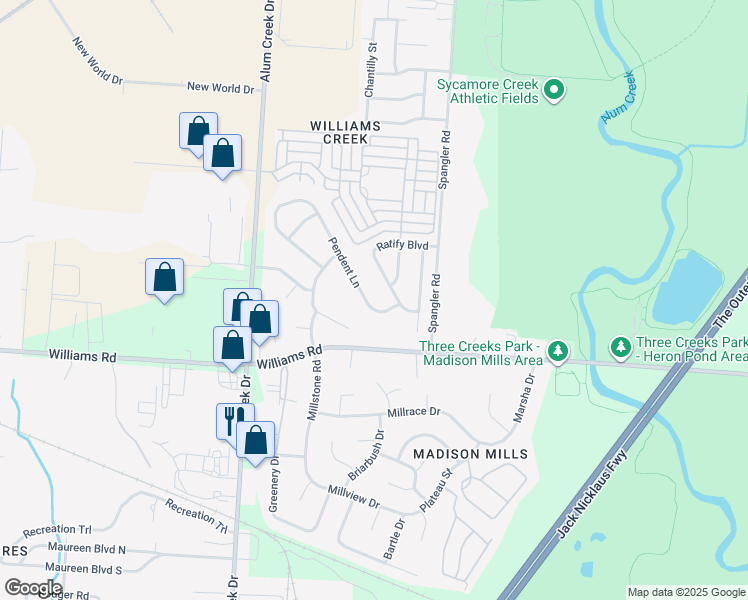 map of restaurants, bars, coffee shops, grocery stores, and more near 3828 Pendent Lane in Columbus