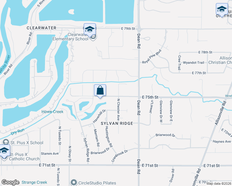 map of restaurants, bars, coffee shops, grocery stores, and more near 3840 East 75th Street in Indianapolis