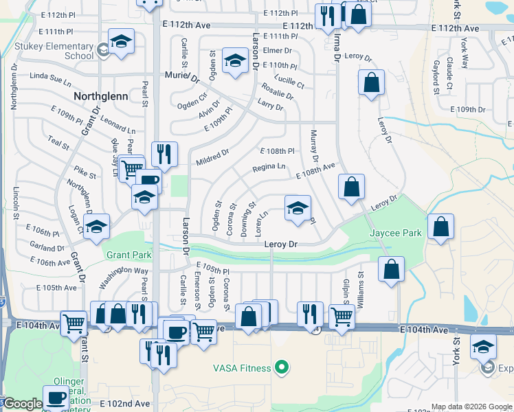 map of restaurants, bars, coffee shops, grocery stores, and more near 10714 Downing Street in Northglenn
